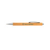 A bamboo pen featuring a silver clip with a logo on the barrel, showcasing a natural wood finish.