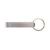 A silver bottle opener keyring featuring a circular keyring attachment and a logo on the side.