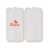 A white cooler brick with a logo design, featuring an orange floral motif on one side.
