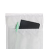 A white cooler lunch bag with a black notebook and a green pen peeking out of the pocket.