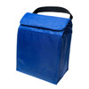 A blue cooler lunch bag with a flap closure and a sturdy black handle.