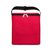 A red cooler bag with a zippered closure and a shoulder strap. The bag features a front pocket for additional storage.