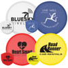 A collection of colorful flying discs in red, yellow, blue, and white, featuring various logos and branding.