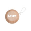A wooden yo-yo in a natural finish with a string attachment and a logo on the side.