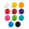A collection of twelve solid-coloured balls in white, yellow, orange, red, brown, purple, pink, green, teal, blue, and black.