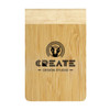 A bamboo notebook featuring a natural wood finish and a printed logo that reads "CREATE DESIGN STUDIO."
