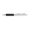 A metal pen featuring a silver body with a black grip adorned with silver dots and a clip for easy attachment.