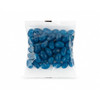A clear cello bag containing blue jelly beans, showcasing their glossy surface and distinct oval shape.