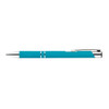 A metal pen in a vibrant turquoise color featuring a sleek design and chrome accents.