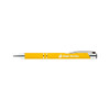 A yellow metal pen with a silver trim and a logo. Designed for writing.