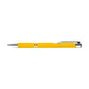 A yellow metal pen with chrome accents and a sleek design, featuring a branding logo.