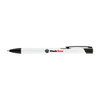 A black and white metal pen featuring a clip and a logo. It is designed for writing purposes.