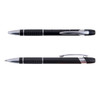 A black aluminium pen with a silver trim, featuring a textured grip and a click mechanism for retracting the pen tip.