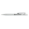 A silver aluminium pen with a textured grip and clip, featuring a logo on the side.