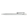A metallic silver pen with a grip section and a clip, featuring a branding logo.