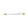 A gold and white pen with a clip, featuring a branding logo on the barrel.