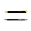 A metal pen featuring a sleek black body with gold accents and a clip, showcasing a sophisticated design.