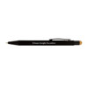 A black pen with a stylus tip and a clip, featuring a logo on the barrel.