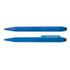 A blue pen and stylus set, featuring a smooth finish and detachable stylus tip, displayed side by side.