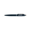 A stylus pen in navy blue with a silver band and a brand logo on the side.