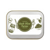 A silver rectangular tin labeled "Lush Olive Farms" featuring illustrations of various bottles and olives.