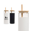 A glass tumbler with a bamboo lid and straw, featuring a white and black colour scheme and a logo.