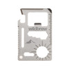A stainless steel multi-tool card featuring various functions and a mountain logo, in a sleek design.