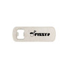 A drink bottle opener in white with a textured finish and a logo. It features a rectangular shape for easy handling.