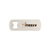 A drink bottle opener in white with a logo design. It features a keyring loop for easy attachment.