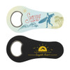 A drink bottle opener featuring a colorful surf theme on one side and a black design with a logo on the other.