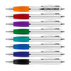 A collection of metal pens in various colours, including orange, red, purple, green, blue, and black, with branding.