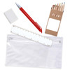 A pencil case containing a white eraser, a red pen, a ruler, and a small box of colored pencils.