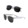 White sunglasses with dark lenses displayed from different angles. Includes a logo on the temple.