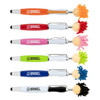A variety of stylus pens in red, orange, green, blue, white, and black with pom-pom toppers and branding.