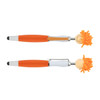 A stylus pen in orange and white with a whimsical character head featuring orange yarn hair and a smile. It has a logo.