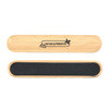 A bamboo nail file with a smooth surface and a dark grit side, featuring a branding logo.