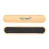 A bamboo nail file with a smooth side and a textured side, featuring a logo and a light natural wood colour.