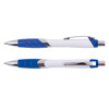 A set of plastic pens in blue and white with a sleek design, featuring chrome accents and a rubber grip for comfort.