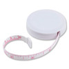 A white tape measure with a retractable pink measuring tape, coiled within a circular case.