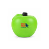 A green apple-shaped stress reliever with a black top and a logo on the front.