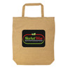 A short handle bag in a natural fiber texture featuring a colorful logo for "MarketWise One-Stop Grocery Shop."