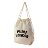 A beige drawstring backpack featuring the text "Play Landia" and two tan cords for closure.