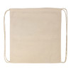 A beige drawstring backpack made of natural fabric, featuring two corded straps for easy carrying.