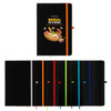 A set of colorful A5 notebooks in various shades, featuring a black notebook with a logo and an orange band.