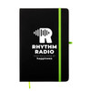 A black A5 notebook with a green elastic band and a logo on the cover.