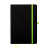 A black A5 notebook with a bright green elastic band and bookmark.
