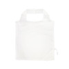 A foldable, white reusable grocery bag with a simple design and a drawstring closure on one side.