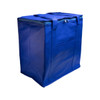 A blue cooler bag with a zippered top and sturdy handles, featuring a spacious design and a front pocket.