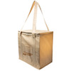A beige cooler bag with a zip closure and dual handles. It features a logo on the front.