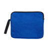 A blue utility pouch with a black zipper and handle, featuring a simple design. It includes a logo.